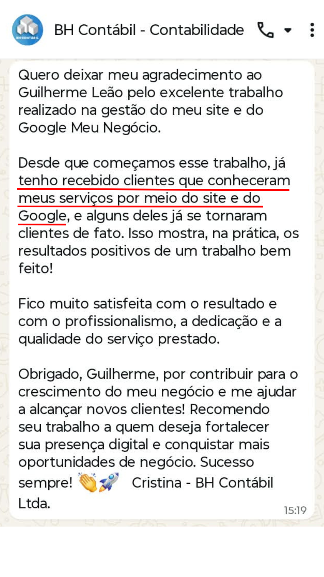 Depoimento de Cristina — BH Contábil - Contabilidade